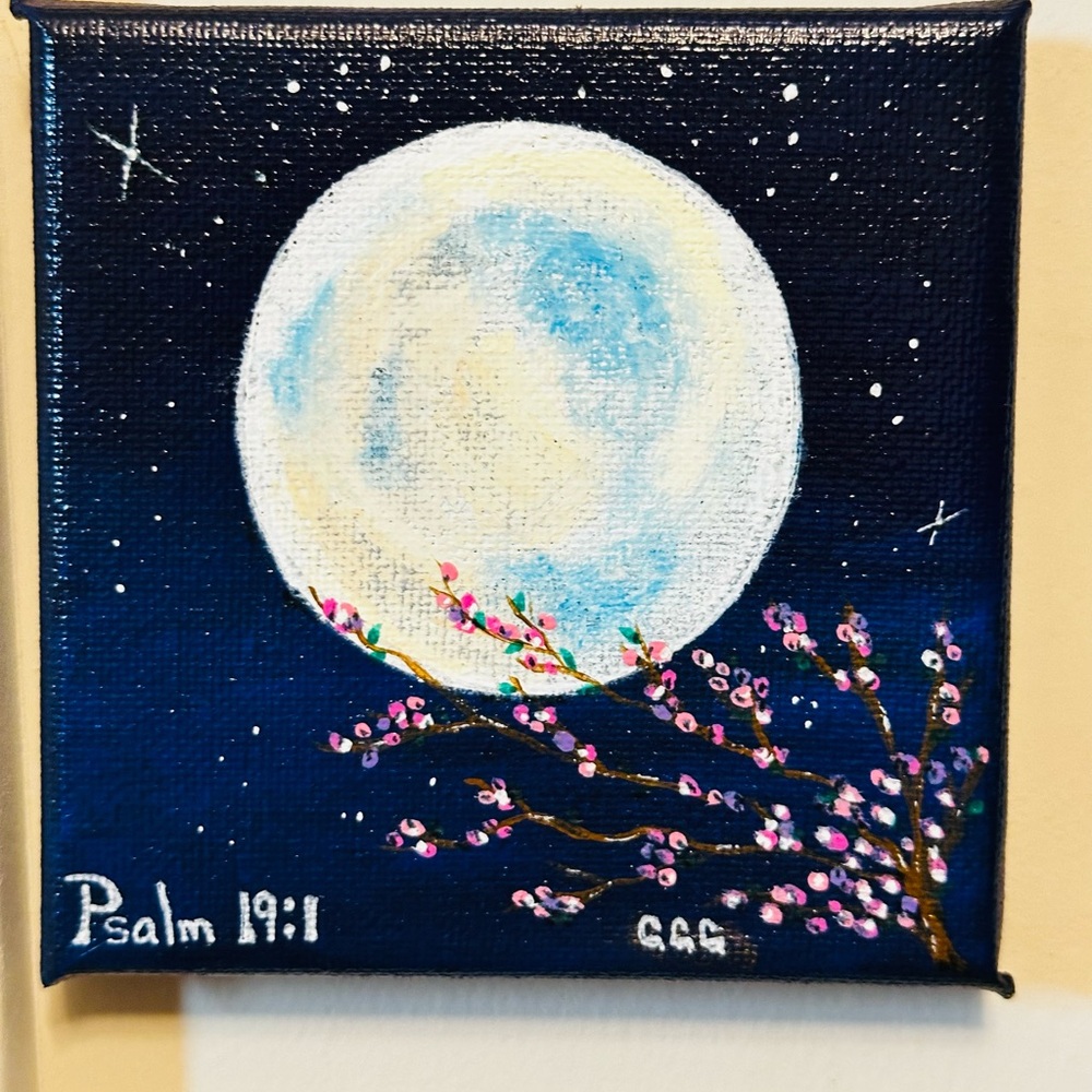 Moonlit Blossom Canvas Art - Blue, White, Pink Size 4X4 Acrylic